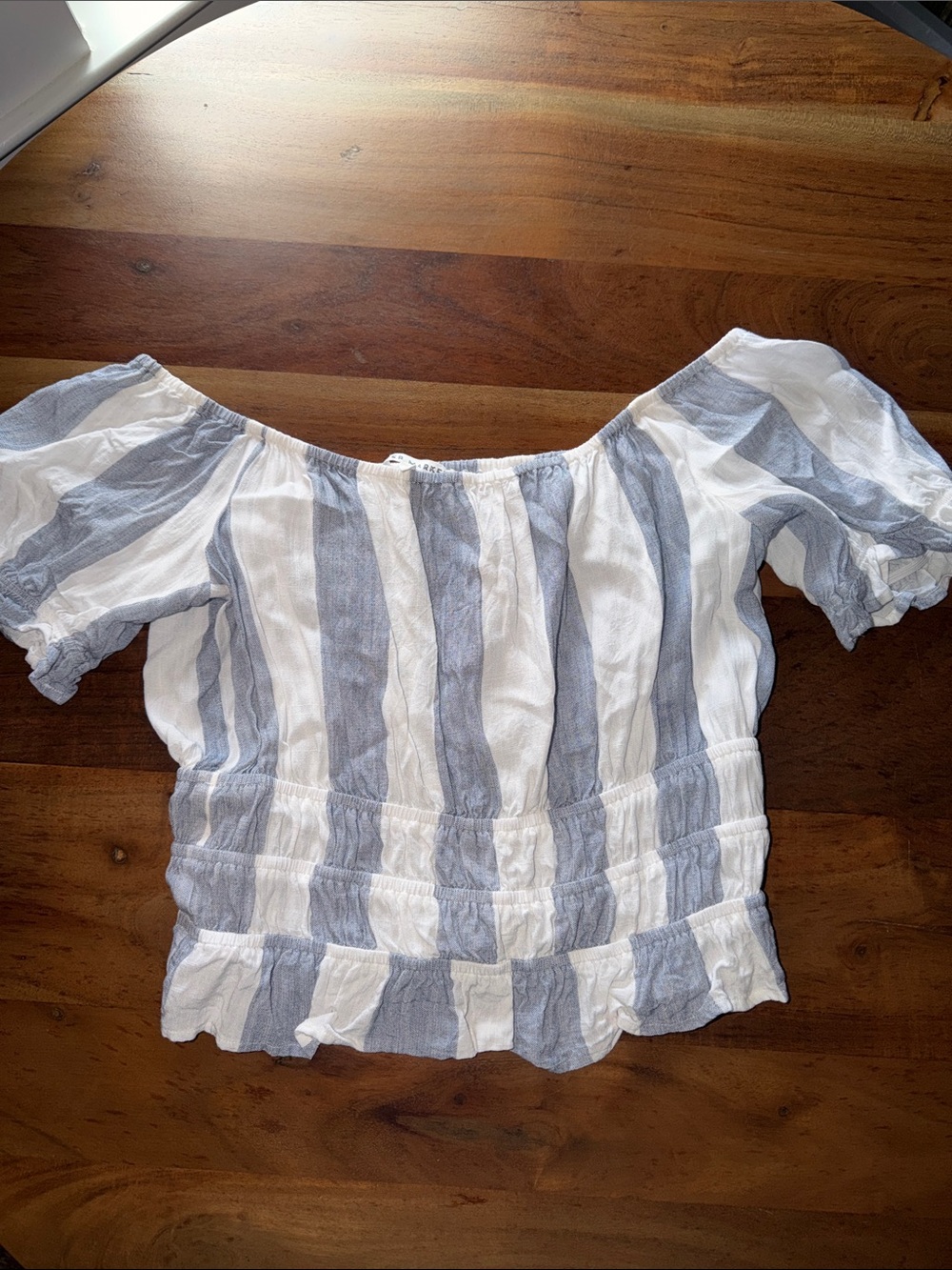 Striped Off-Shoulder Smocked Waist Blouse in White & Light Blue